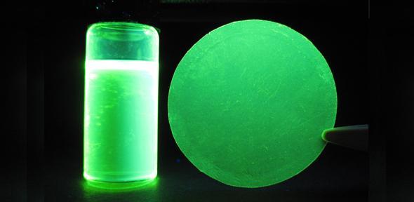 Image shows fluorescence of solution (left) and membrane (right) made of a polymer of intrinsic microporosity (PIM-1) under irradiation of ultraviolet (UV) light. The ultraviolet irradiation induces oxidation and surface densification of the polymeric m C