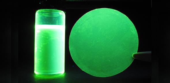 PIM-1 under irradiation of ultraviolet (UV) light: Credit: Nature Publishing Group Image shows fluorescence of solution (left) and membrane (right) made of a polymer of intrinsic microporosity (PIM-1) under irradiation of ultraviolet (UV) light. The ultraviolet irradiation induces oxidation and surface densification of the polymeric m C