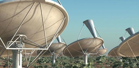 Dishes close-up. One of the supercomputer’s first roles will be as a test bed for the development of a computing platform for the Square Kilometre Array - an international effort to build the world’s largest telescope. Credit: SKA Organisation/Swinburne A