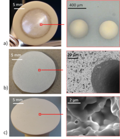 Images of model membrane support structures used for CO2 permeation: (a) laser drilled support, (b) support prepared by phase inversion (c) support with random pore network (pelletisation and sintering of powder).