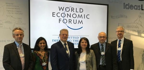 From left, Richard Friend, Suchitra Sebastian, Al Gore, Abir Al-Tabbaa, Markus Kraft and Jim Leape at the World Economic Forum Annual Meeting in Davos Credit: Elyse Lipman University of Cambridge at World Economic Forum (WEF) Annual Meeting 2016