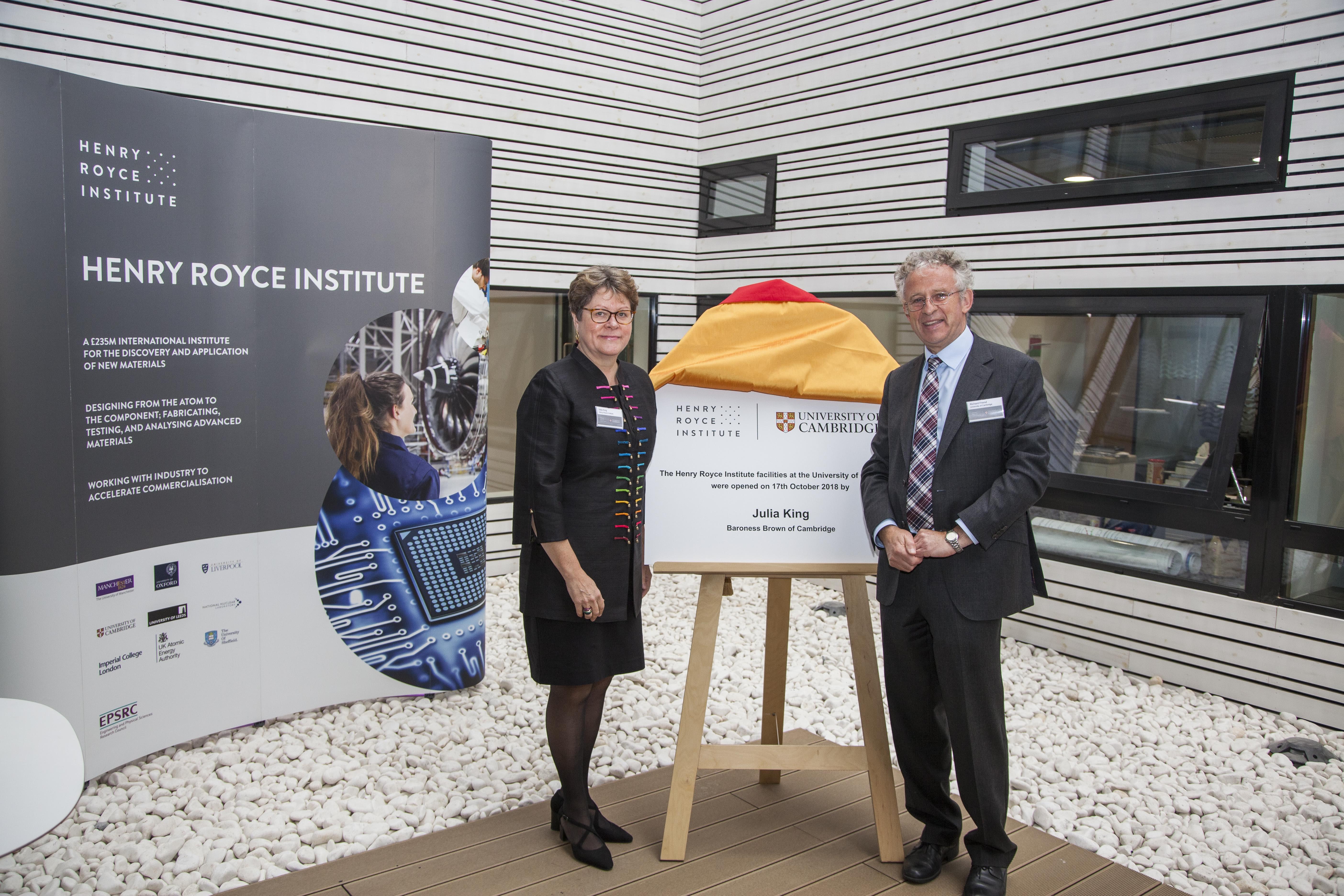 Professor Dame Julia King unveiling an official plaque with Professor Sir Richard Friend Launch of the Henry Royce Institute facilities at the Maxwell Centre